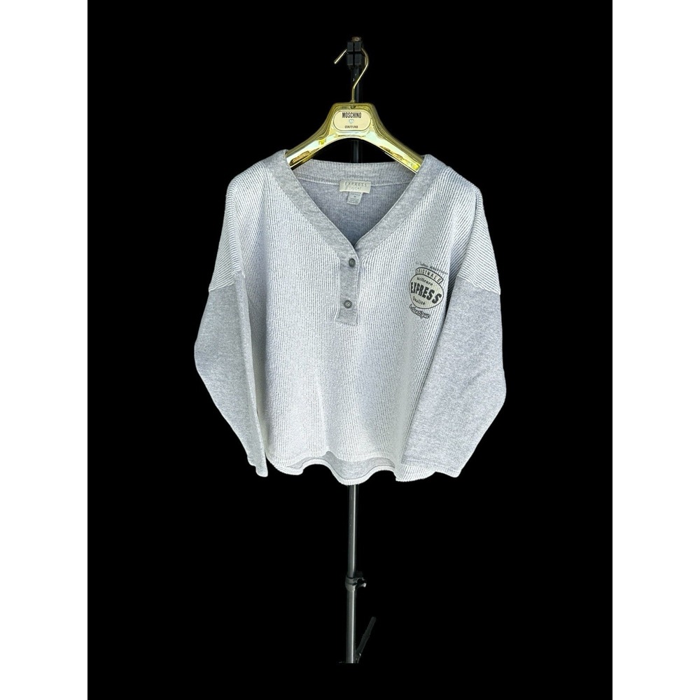 Vintage 90s Express-Tricot Cardigan Sweatshirt Womens Medium Grey Cropped Y2K - Picture 3 of 9